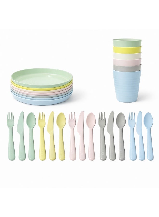 Kids Dinnerware Set 30 Pieces – Plastic Plates, Cups, Forks, Spoons & Knives | Children Tableware Set, Multi Colors - Image 1